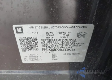 2020 Chevrolet Equinox Awd Premier 1.5L Turbo из США, поврежденный, VIN 2GNAXXEV9L6180188